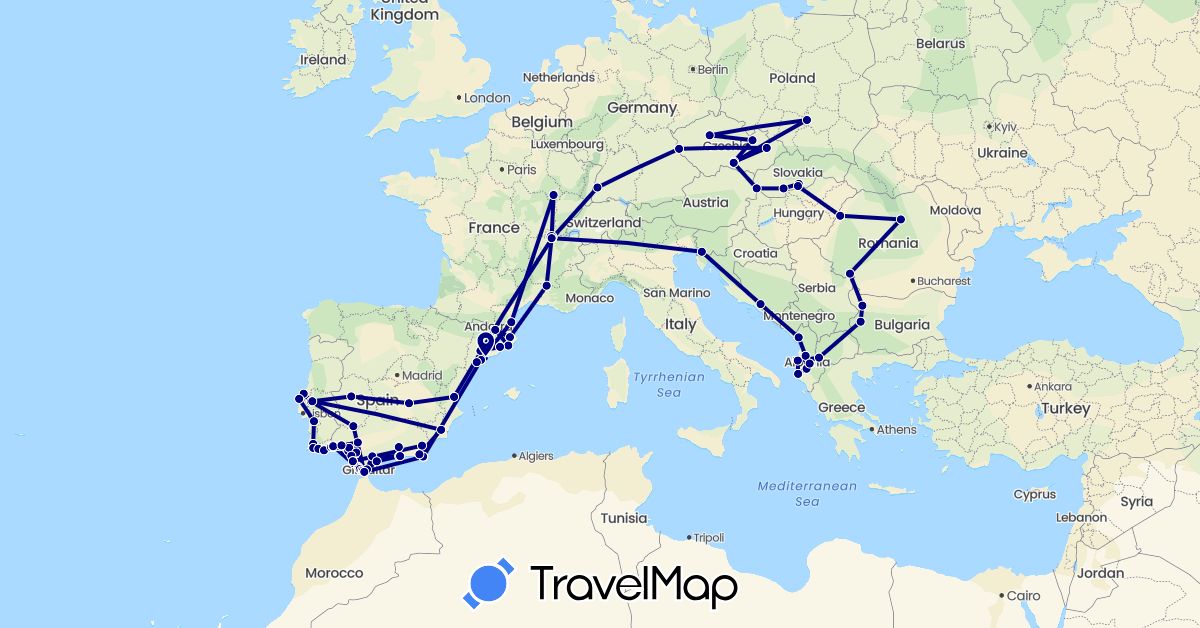 TravelMap itinerary: driving in Albania, Bosnia and Herzegovina, Bulgaria, Czech Republic, Germany, Spain, France, Macedonia, Poland, Portugal, Romania, Slovenia, Slovakia (Europe)